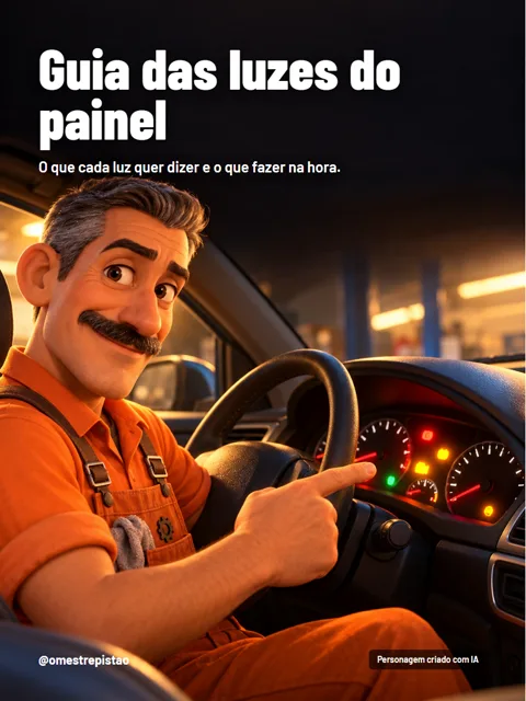 Capa do Guia das luzes do painel, com o Mestre Pistão apontando para o painel aceso