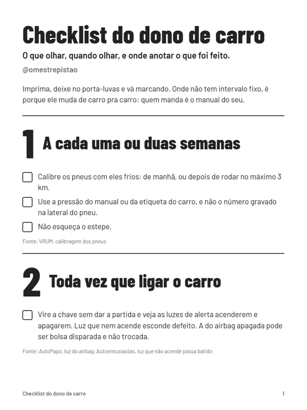 Primeira página do Checklist do dono de carro, com caixinhas de marcar