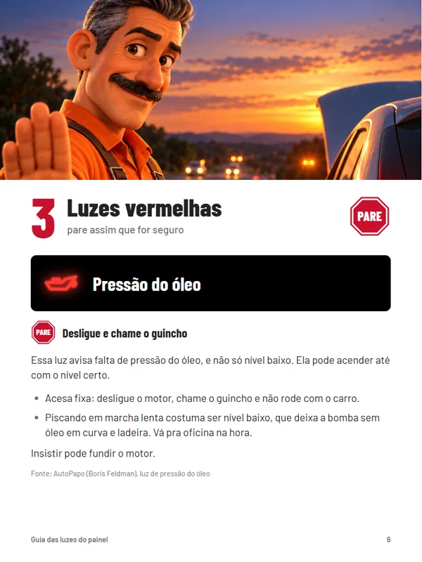 Página da luz do óleo no guia: faixa de painel com o símbolo aceso, placa PARE e a explicação